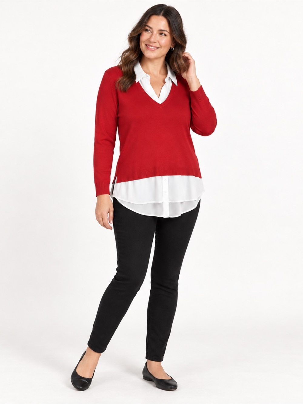 V-neck Red Layered-Look Sweater - Women